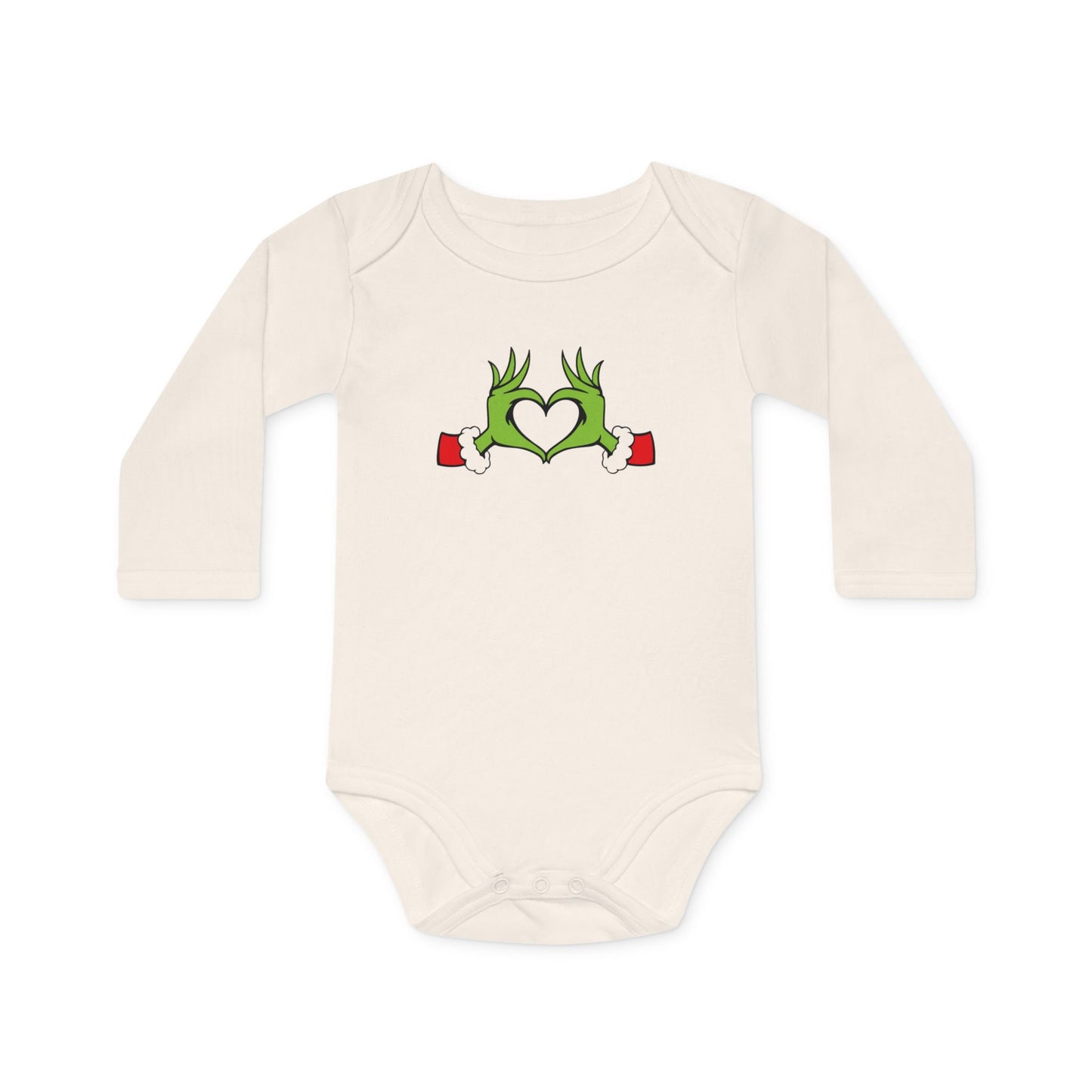 Baby Bodysuit, Grinch Heart Design, Grinch Baby, Funny Christmas Outfit, Long-Sleeve Organic Romper, Holiday Baby Clothes, Infant Jumpsuit