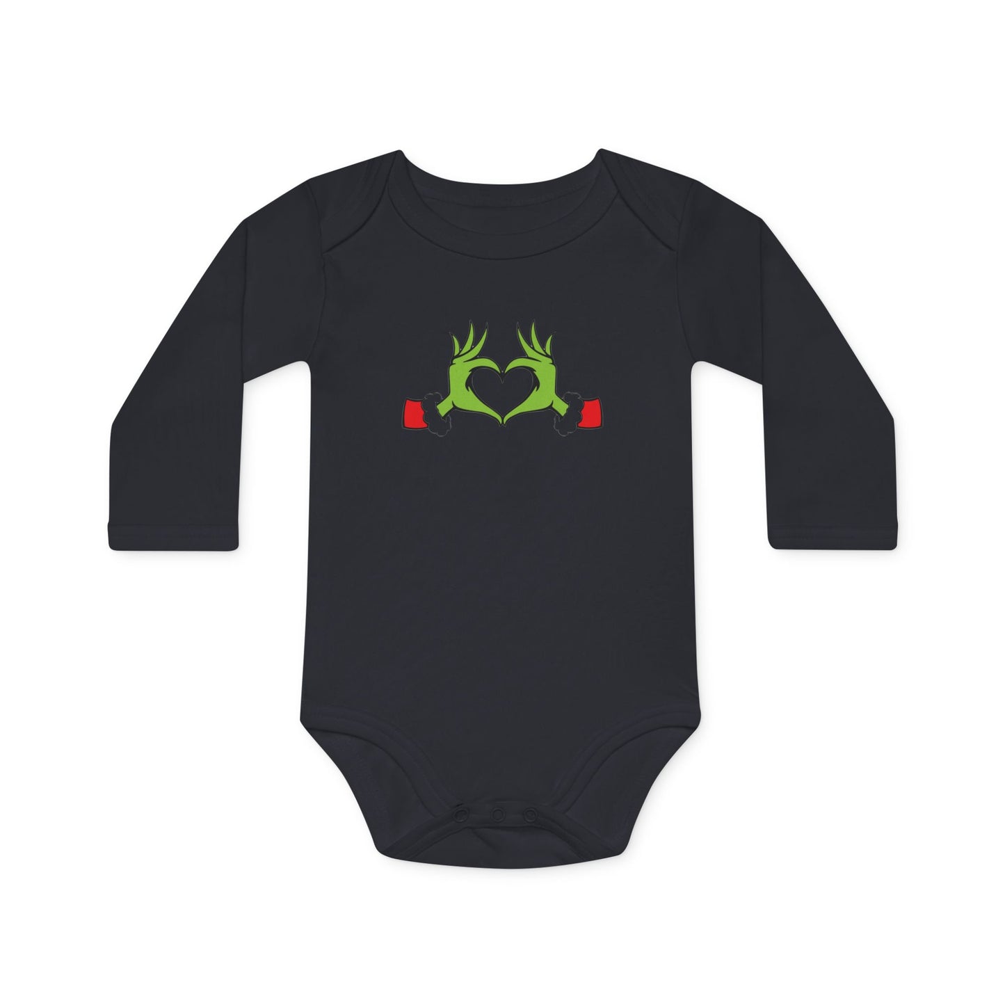Baby Bodysuit, Grinch Heart Design, Grinch Baby, Funny Christmas Outfit, Long-Sleeve Organic Romper, Holiday Baby Clothes, Infant Jumpsuit
