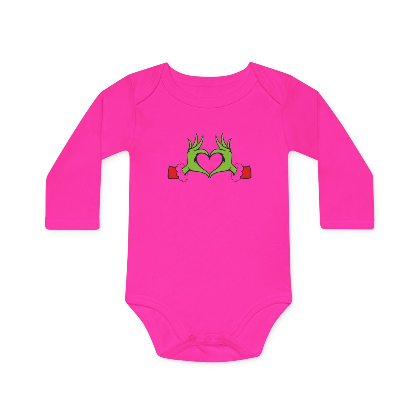 Baby Bodysuit, Grinch Heart Design, Grinch Baby, Funny Christmas Outfit, Long-Sleeve Organic Romper, Holiday Baby Clothes, Infant Jumpsuit