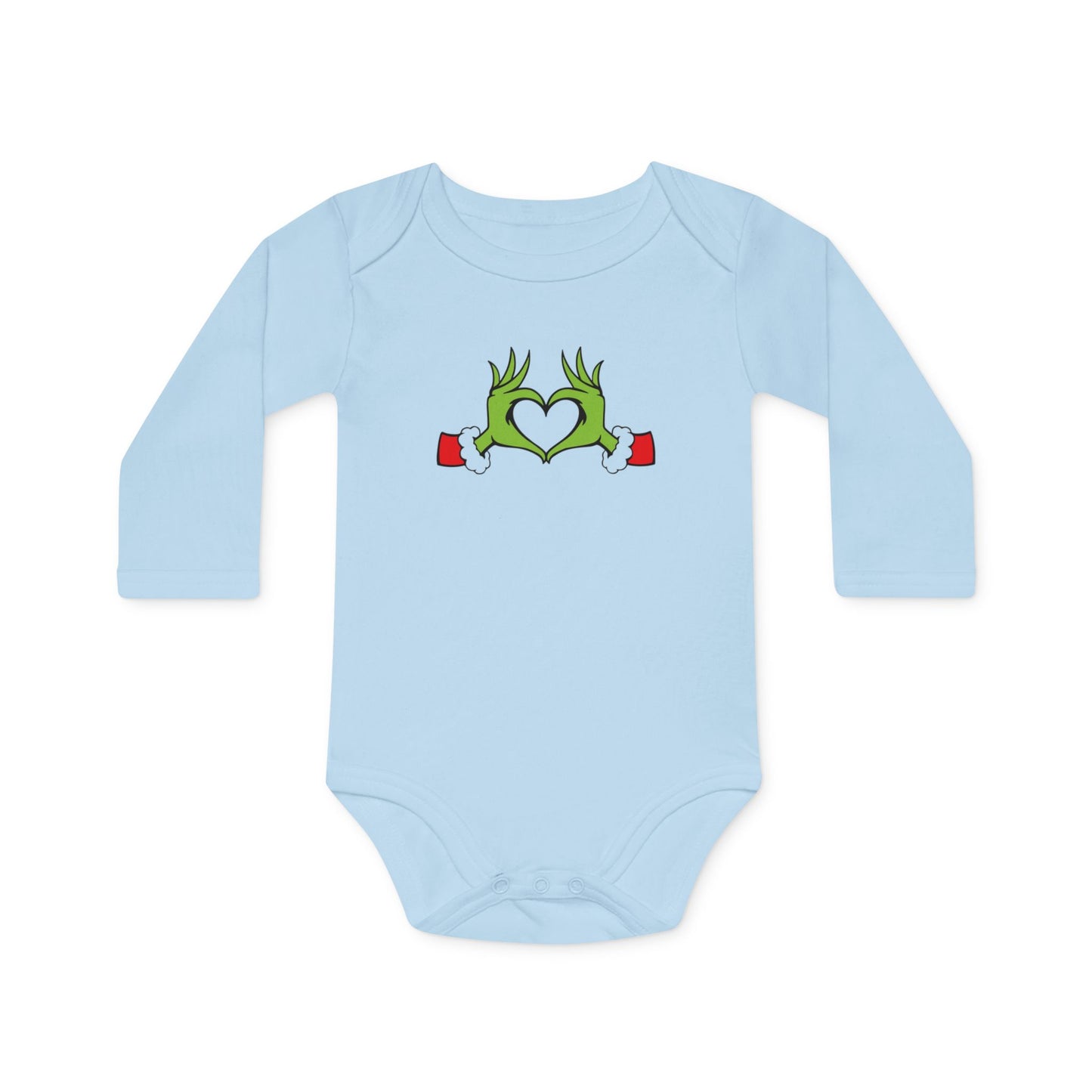 Baby Bodysuit, Grinch Heart Design, Grinch Baby, Funny Christmas Outfit, Long-Sleeve Organic Romper, Holiday Baby Clothes, Infant Jumpsuit