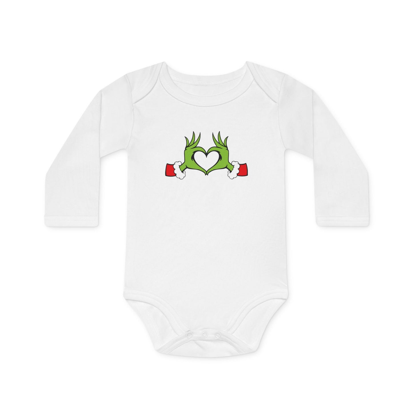 Baby Bodysuit, Grinch Heart Design, Grinch Baby, Funny Christmas Outfit, Long-Sleeve Organic Romper, Holiday Baby Clothes, Infant Jumpsuit
