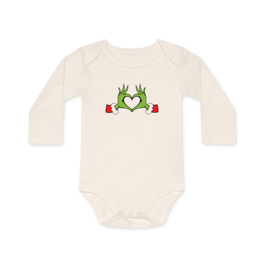 Baby Bodysuit, Grinch Heart Design, Grinch Baby, Funny Christmas Outfit, Long-Sleeve Organic Romper, Holiday Baby Clothes, Infant Jumpsuit